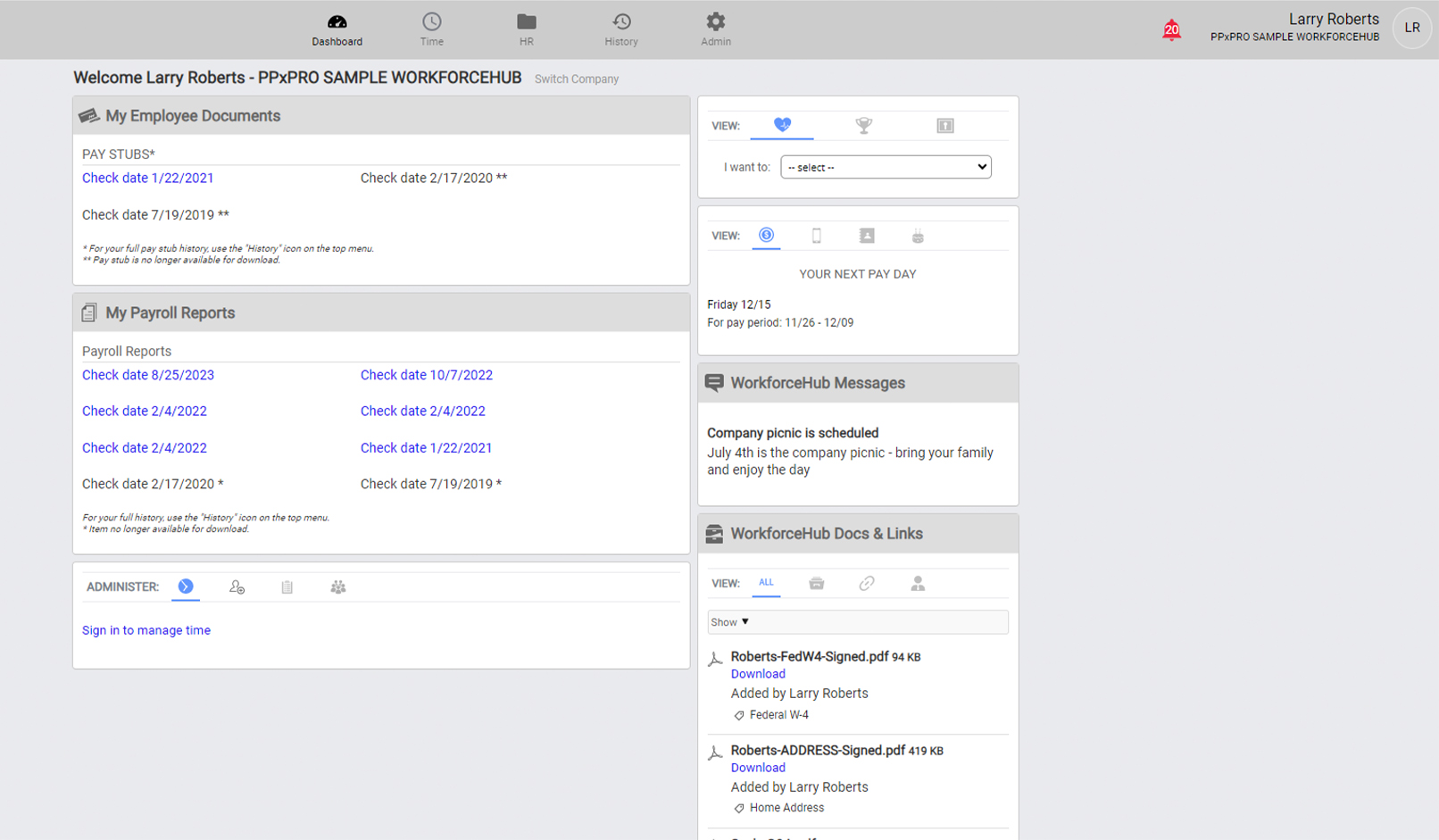 Employee self service payroll platform dashboard.