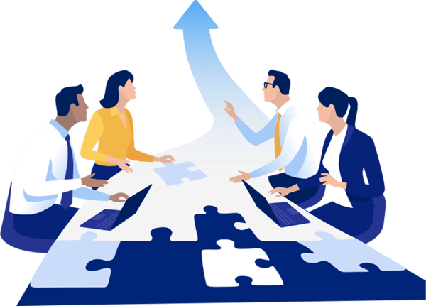 Illustration of a business team completing a puzzle.