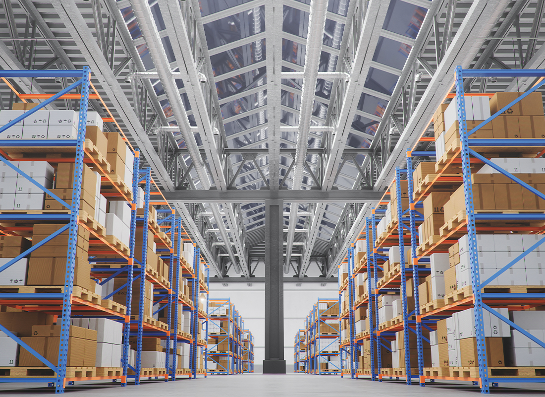 View of a large warehouse.