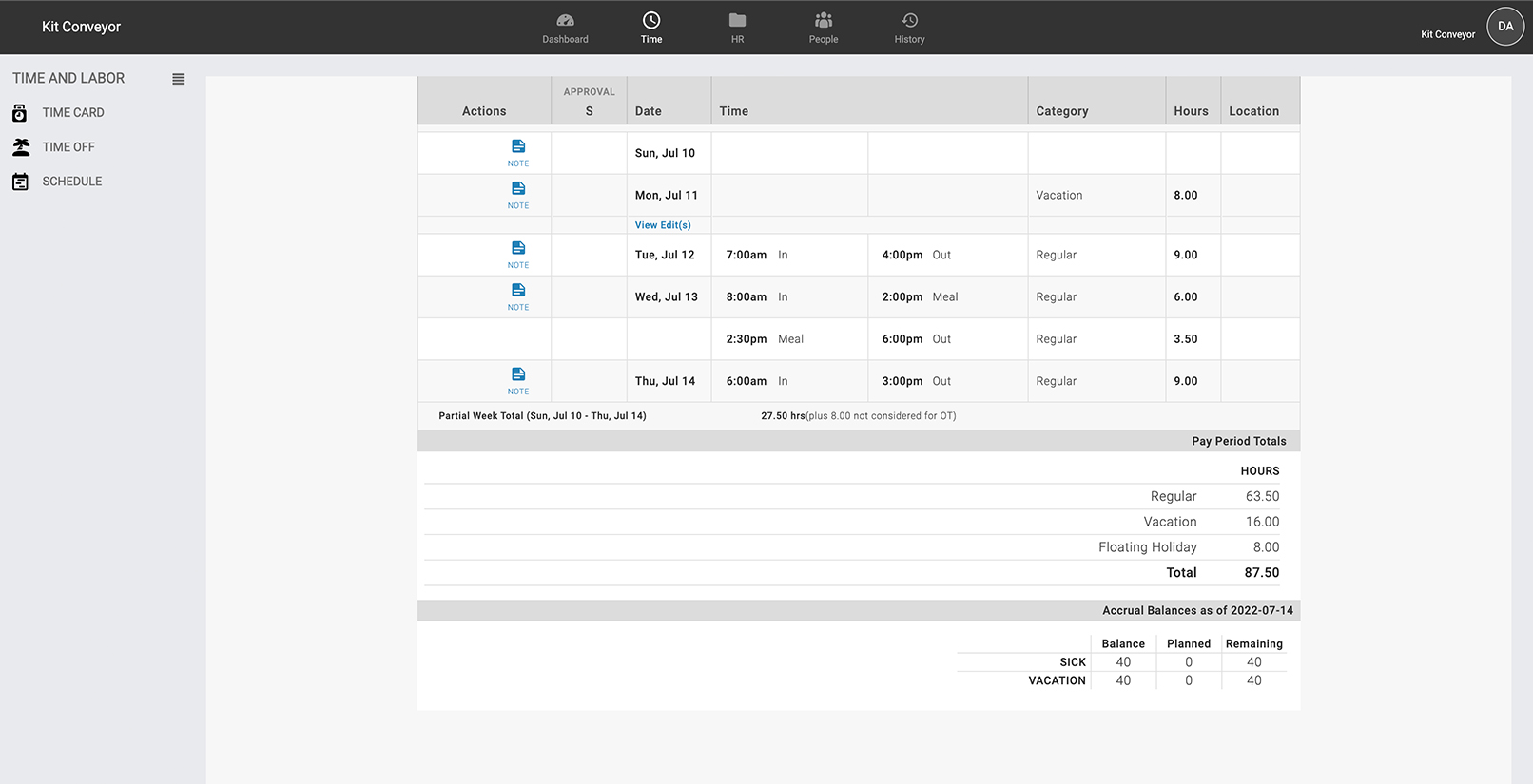 Timekeeping dashboard view